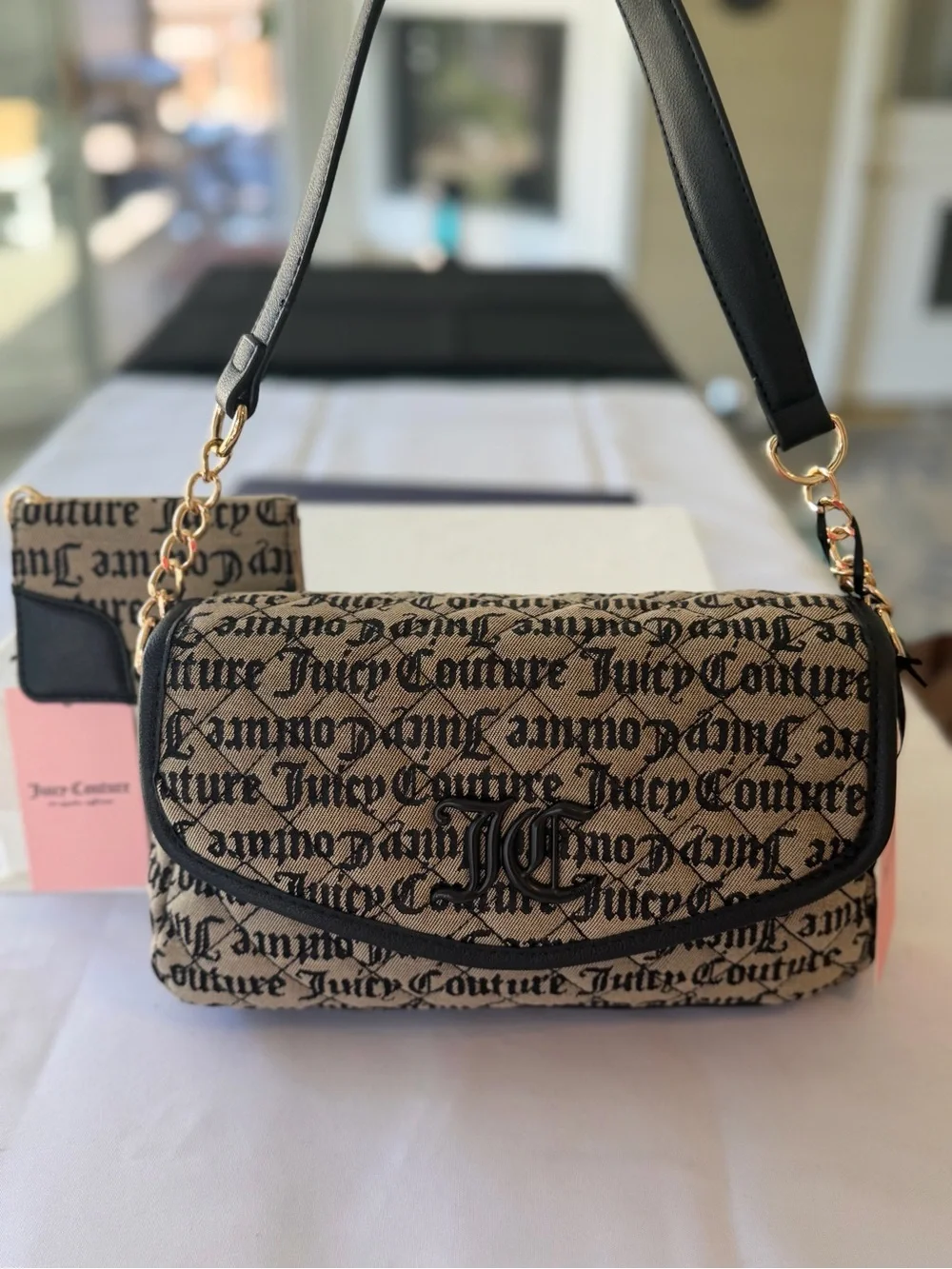 Juicy Couture Beige Canvas Logo Shoulder Bag with Black Trim & Card Holder